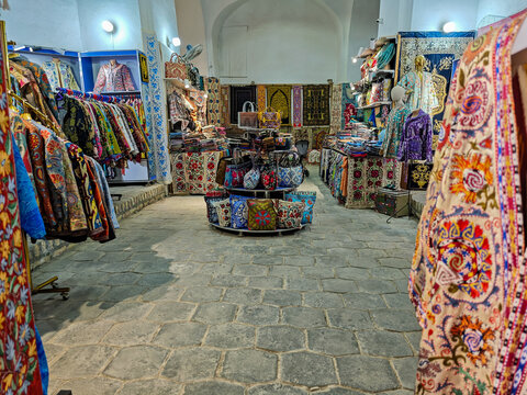 Interior of a silk shop of Bukhara on Uzbekistan