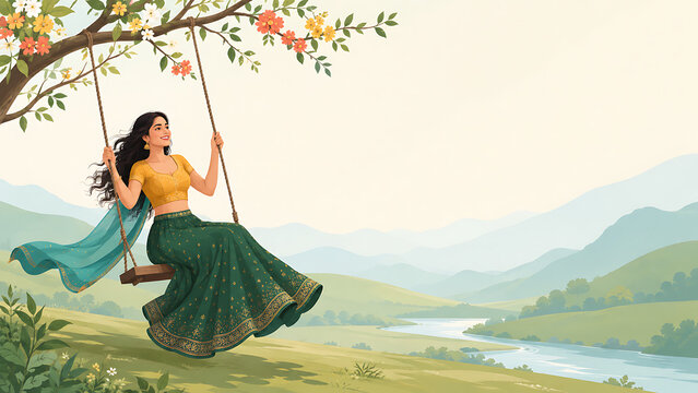 Happy hariyali teej and kajari teej joyful indian woman wearing green lehenga swinging beneath flowering tree overlooking river valley and distant mountains