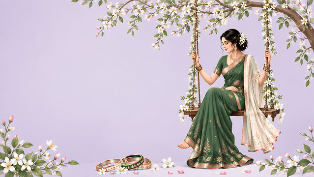 Happy hariyali teej and kajari teej elegant indian woman in green saree seated on jasmine decorated swing with floral copy space background