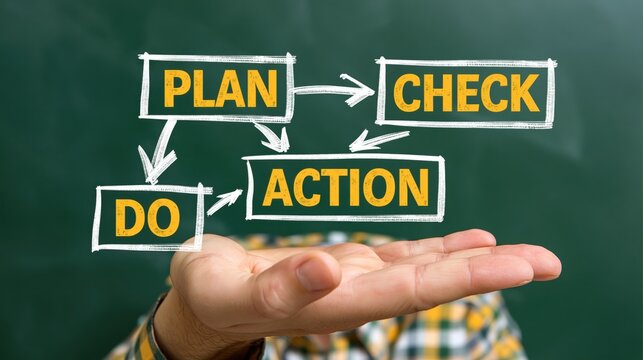 Diagram featuring the plan do check action cycle is held by a professional to show improvement and quality processes.