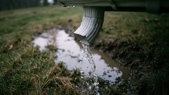 A downspout pouring water into a small puddle on a grassy lawn outdoors