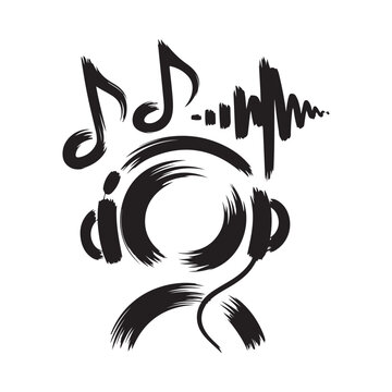 Musical Notes And Headphones Silhouette Brushstroke Style Illustration acoustic audio