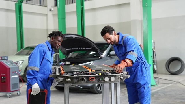 Two skilled mechanics working together to repair a car engine in a contemporary automotive workshop