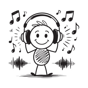 Stick Figure With Headphones And Musical Notes Black And White Illustration