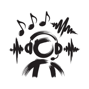 Headphones With Musical Notes And Waveforms Black Silhouette Illustration audio