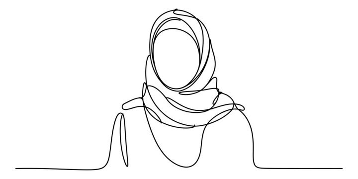Continuous line drawing of a woman wearing a hijab headscarf in a simple minimalist style