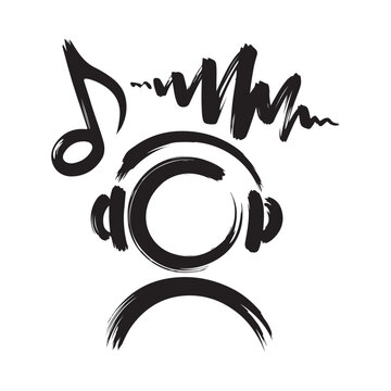 Musical notes and waveform illustration black brushstroke style on white background