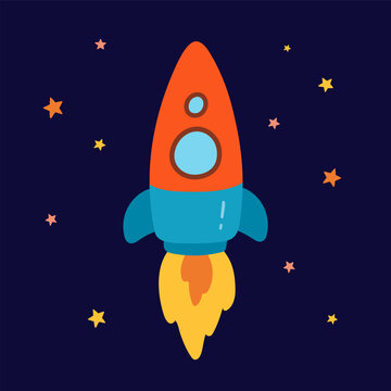 Colorful rocket launching through starry space with bright flames. Vector illustration on a dark night background.
