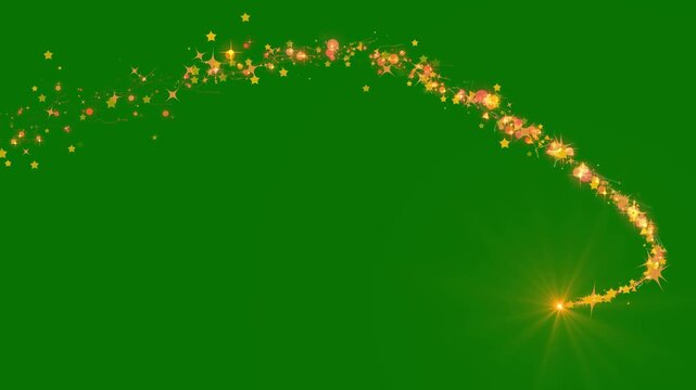 Golden glitter light trail sparkling spiral animation with fairy doodle stars, shimmering glitter particles, magical swirl path, seamless green screen background with vibrant 4k effect