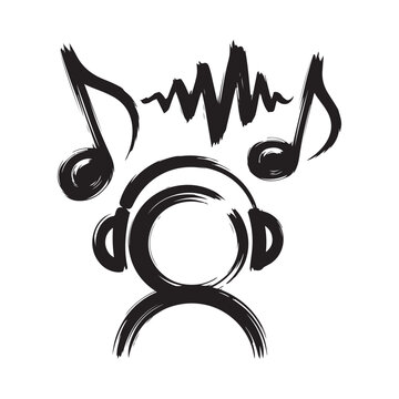 Headphones Musical Notes And Waveform Black Brushstroke Silhouette audio acoustic