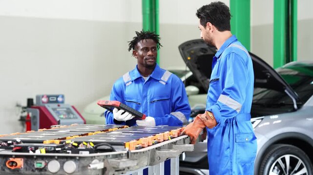 Two skilled technicians working together on vehicle maintenance in a contemporary workshop environment
