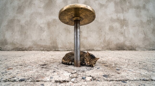 A relaxed tabby cat curls up and sleeps under a rusty metal stool. The worn concrete surface and soft twilight cast a tranquil ambiance on this quiet urban setting.