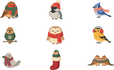 Fototapeta premium Cute Christmas Winter Birds Vector Icon Set Featuring Robin Blue Jay Finch and Owl in Cozy Scarves Sweaters and Beanie Hats for Holiday Graphic Designs