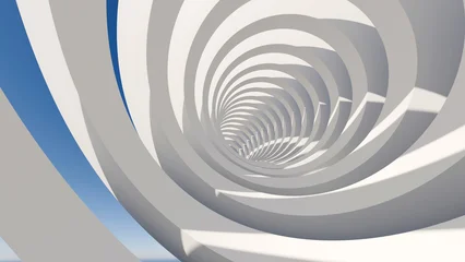 Fototapete 3D Abstract 3D architectural render of a spiral, wormhole-like structure with white curved elements and blue sky peeking through, modern abstract design  © ilham