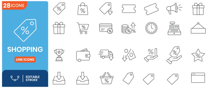 Shopping icon set with discount tag. E-commerce store, price tag sale, retail offer promotion, market purchase linear symbol editable stroke. Vector illustration isolated on white background