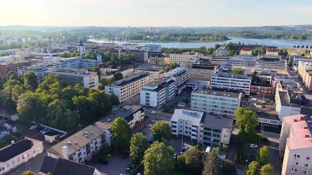 Panoramic aerial view of a city H&auml;meenlinna Finland early morning