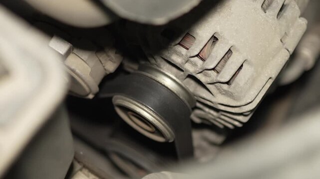 A car alternator is driven by a belt inside engine.