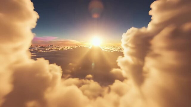 Golden sunbeams pierce through dramatic clouds, illuminating the sky with a warm glow