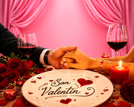 San Valent&iacute;n cena rom&aacute;ntica y d&iacute;a de los enamorados con coraz&oacute;n, rosas, caricia de manos, velas y fondo rosa editable romantic dinner lovers, sweet date and heart