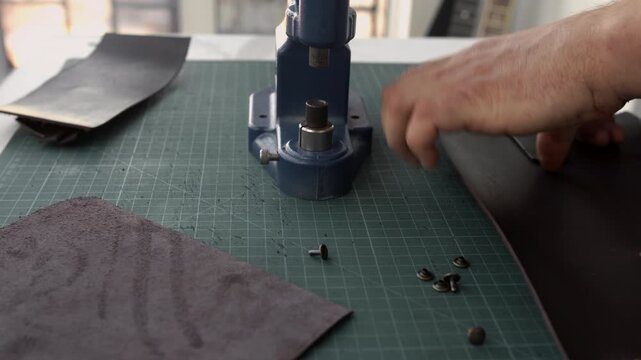 Artisan craftsman installing metal rivets on genuine leather using a hand press machine in a workshop
