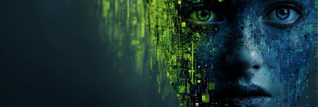 Exploring the convergence of human consciousness and digital technology through a mesmerizing portrait blending organic features with pixelated, circuit-like patterns in deep blue and green hues