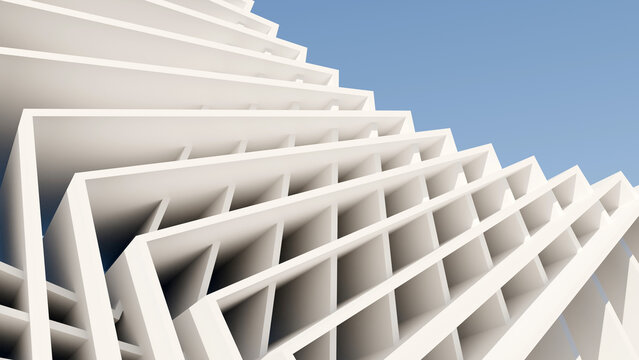 Abstract 3D architectural render featuring white grid facade with angular geometric pattern against a clear blue sky, modern design concept