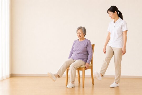 椅子で下肢リハビリをする日本人シニア女性