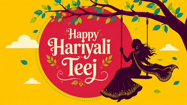 Happy hariyali teej and kajari teej colorful vector illustration featuring elegant woman silhouette swinging beneath leafy tree against vibrant festive background design