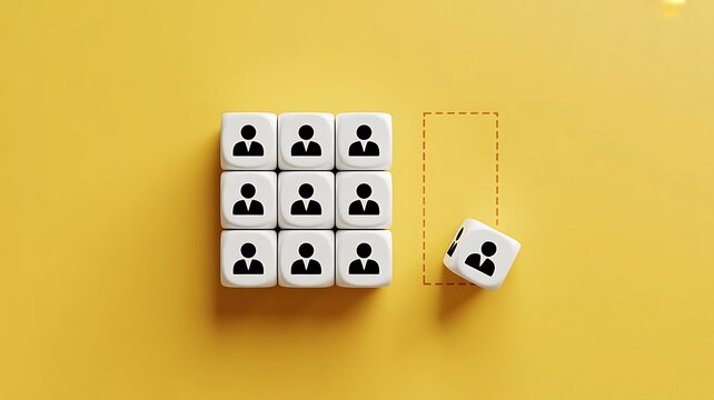 A grid of wooden cubes with person on a yellow background, with one cube placed outside the group, representing team member exclusion or exit