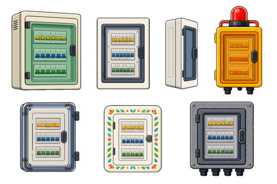 Set of electrical control panel box illustrations in various designs