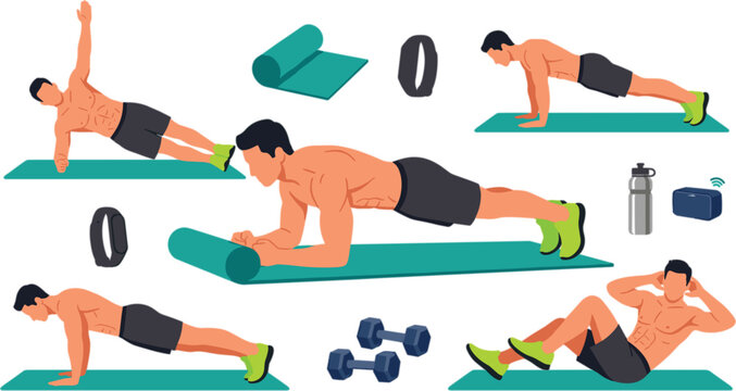 Home workout man fitness character set with plank push up side plank crunches yoga mat dumbbell training and exercise icons vector