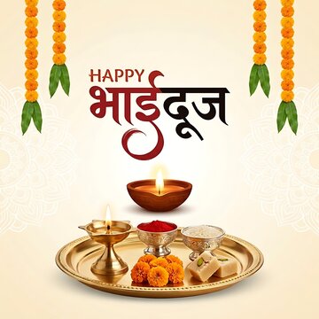 Happy bhai dooj festival greeting card with traditional puja thali and diya
