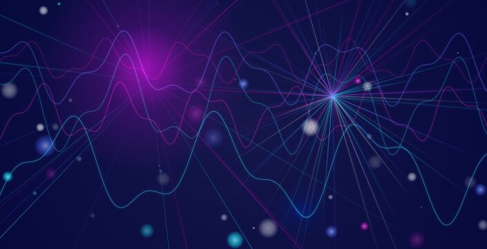 Abstract digital sound wave visualization with glowing bokeh lights and radiating lines on a deep purple background, technology and science themes