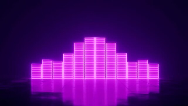 Glowing Pink Neon Audio Equalizer Bars on Reflective Floor Digital Music Spectrum Illustration