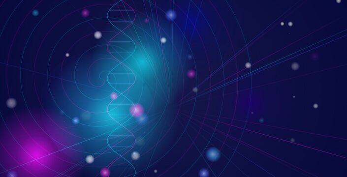 Abstract dna helix structure with glowing particles and light trails on a dark blue background, representing genetics, science, or digital information, modern, creative, resolution