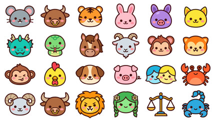Fototapeta premium Cute animal icons zodiac symbols collection