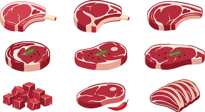 Raw meat vector illustration set featuring beef t bone steak barbecue ribs diced cubes lamb chops and fresh tenderloin steaks with rosemary isolated on white background.