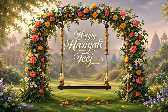 Happy hariyali teej and kajari teej decorated garden swing framed by colorful flowers with palace silhouettes and peaceful sunrise festival atmosphere setting