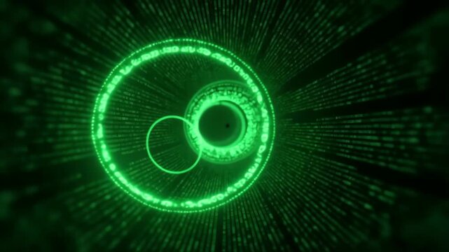Abstract Green Portal Tunnel of Glowing Mystical Runes and Cyber Code