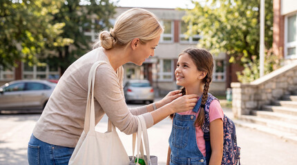 Fototapeta premium Mother and daughter interact warmly outside school, with trees and parked cars visible in the background on a sunny day