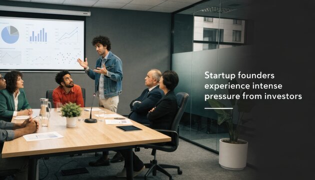 A team discusses startup performance data during a meeting, highlighting the intense pressure founders face from investors.