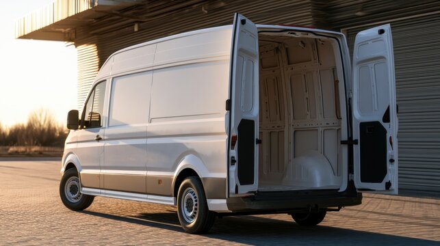 White commercial delivery van with open rear doors parked outside under structure during golden hour for logistics transport and cargo loading concept