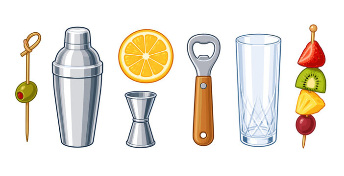 Cocktail bar tools and fruit garnish set in vector style