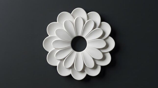 Decorative white plaster ceiling rose with floral pattern isolated on a dark black background