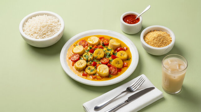 Moqueca vegana de banana da terra e palmito pupunha com arroz, farofa e suco de caju - Vegan moqueca with plantain and heart of palm, served with rice, farofa, and cashew fruit juice.