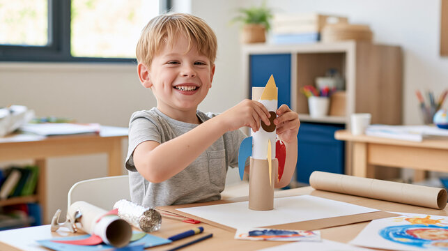 Boy Building Colorful Paper Rocket