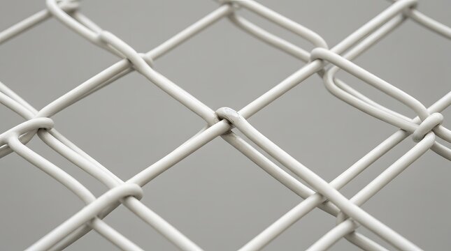 Close up view of a white metal chain link fence texture against a neutral grey background