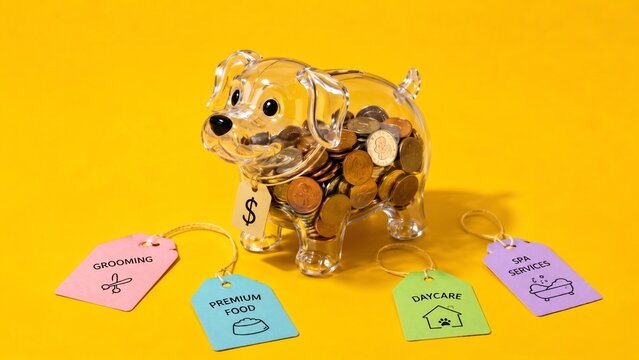 Transparent dog-shaped piggy bank surrounded by pet care expense tags