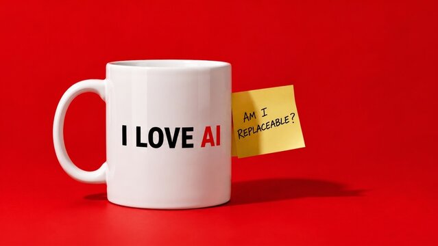 White coffee mug with I LOVE AI text and sticky note asking Am I Replaceable