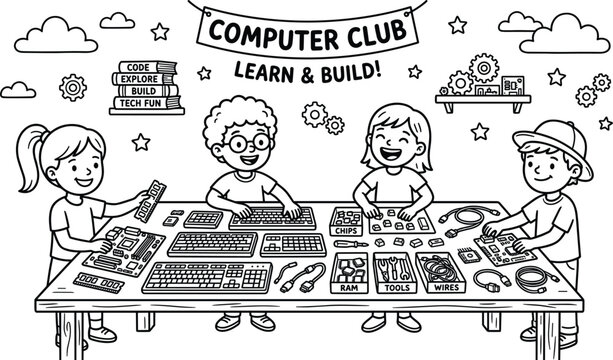 Happy diverse children learning coding and building hardware components at a computer club classroom coloring book vector illustration
